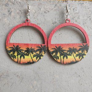 Tropical Palm Tree Circle Drop Earrings Coconut Tree sunset Beach Earrings